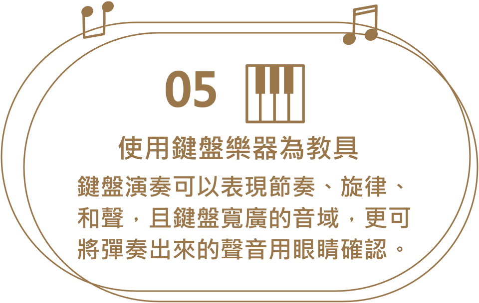 使用鍵盤樂器教具，鍵盤演奏可以表現節奏、旋律、和聲，且鍵盤寬廣的音域，更可將彈奏出來的聲音用眼睛確認。